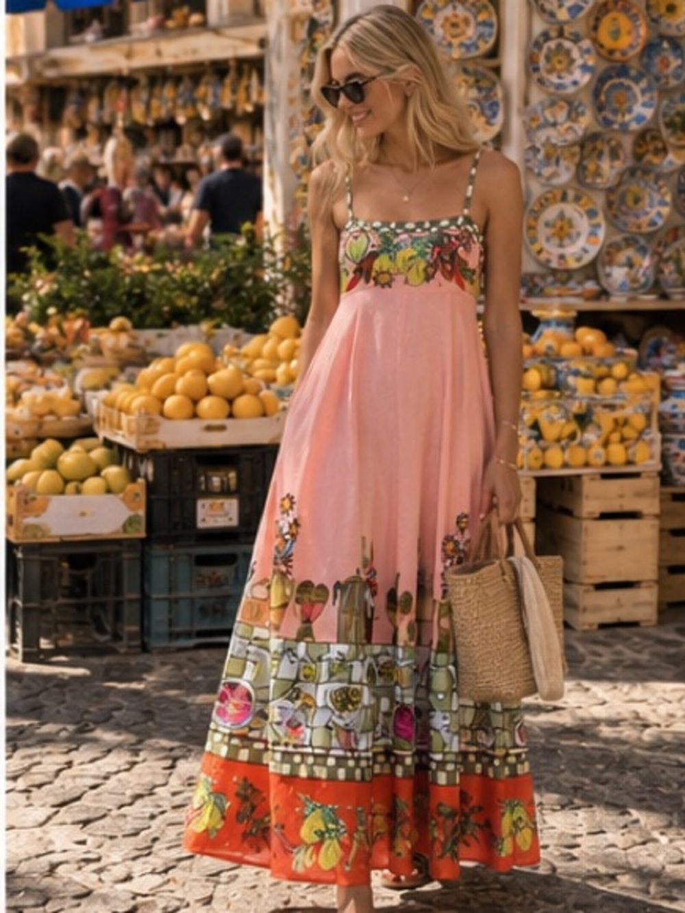 Alemais never worn Pink Maxi Dress with Floral & Orange Border